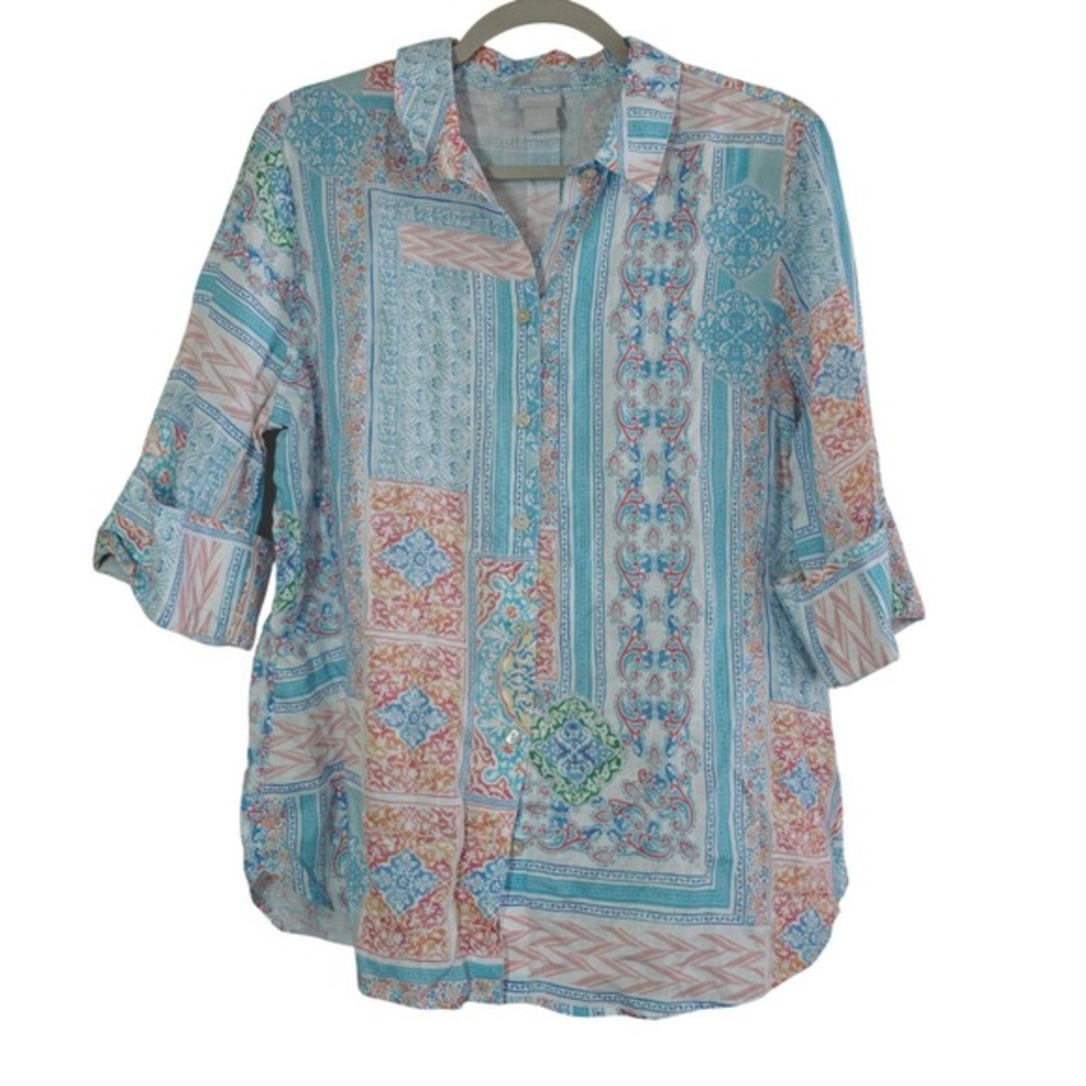 Chicos Large No Iron 100%‎ Linen Shirt Blue Pink Pastel Paisley Patchwork Button
